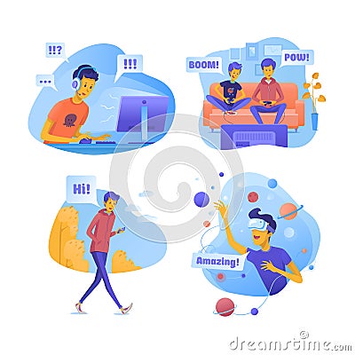 Boys with modern gadgets vector illustrations set Vector Illustration