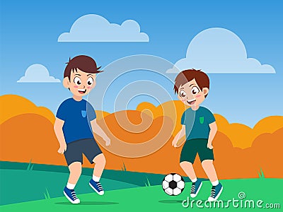 boys play football or soccer on the field Vector Illustration