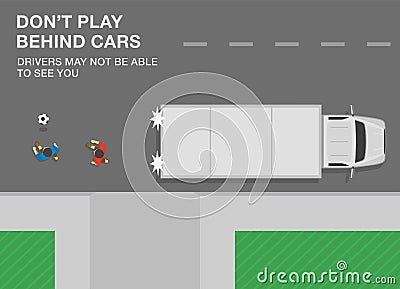 Boys playing ball behind the reversing semi-trailer. Do not play behind cars, drivers may not be able to see you. Vector Illustration