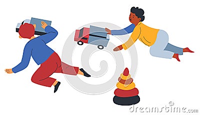 Boys playing toys, children with trucks and cars Vector Illustration