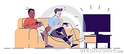 Boys playing videogame flat vector illustration. Students, roommates with joysticks looking at TV set screen, sitting on Vector Illustration