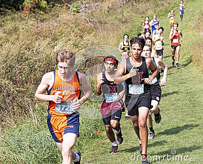 Boys racing on a grass fields downhill during a cross country 5K race Editorial Stock Photo