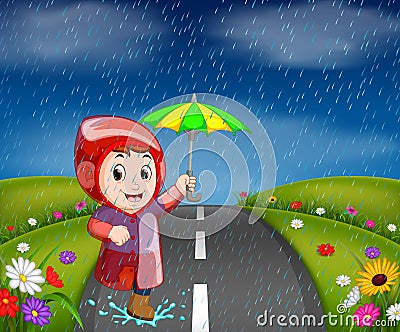 Boys in raincoat running on road Vector Illustration