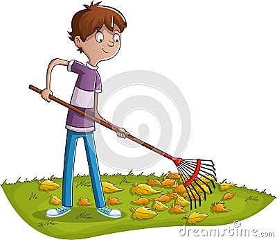 Boys raking fallen leaves in the garden. Vector Illustration
