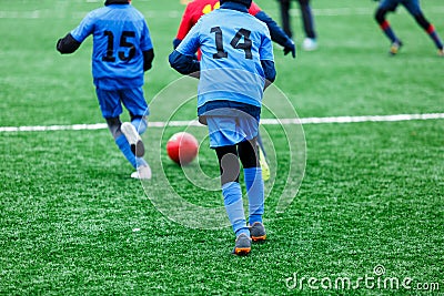 Boys in red and blue sportswear plays soccer on green grass field. Youth football game. Children sport competition, kids plays Stock Photo