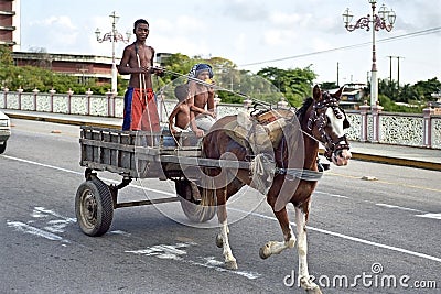 Boys ride by horse and carriage in the street Recife Editorial Stock Photo