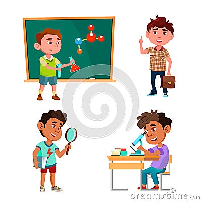 Boys Scientist Education And Research Set Vector Vector Illustration