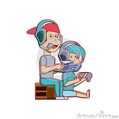 boys sitting with headphone playing video game Cartoon Illustration