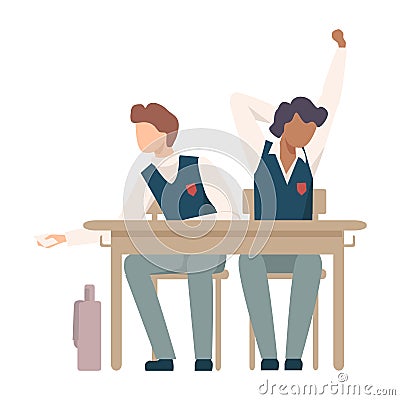 Boys Sitting At School Desk and Yawning During Lesson Vector Illustration Vector Illustration