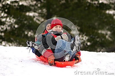 Boys Sledding Stock Photo