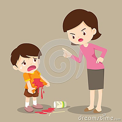 Boys stained at the shirt mom scold Vector Illustration