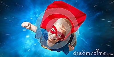 Boy in superhero costume guard the planet and show super abilities. Stock Photo