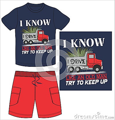 boys t shirt with cargo pocket short with little truck print vector Vector Illustration