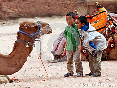 Boys tease camels in Petra, Jordan Editorial Stock Photo
