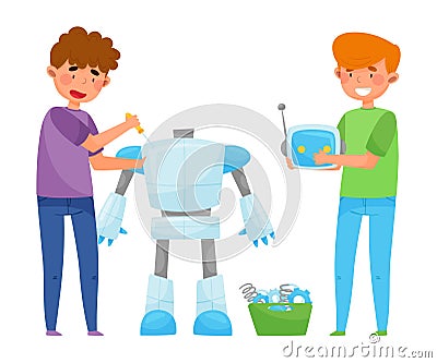 Boys Teenagers Standing Engineering and Fixing Robot Vector Illustration Vector Illustration