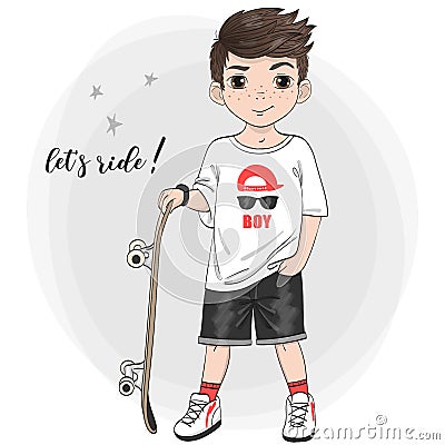 Hand drawn cute boy with skateboard. Vector Illustration