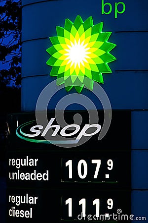 BP display stand with fuel prices and logo Editorial Stock Photo