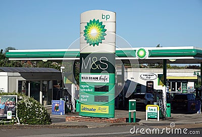 BP petrol station with Marks and Spencer shop and Wild Bean Cafe in Billericay, Essex, UK Editorial Stock Photo