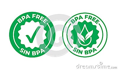 BPA free vector green check mark certified icon. Safe food package stamp, healthy sin BPA, Spanish seal stamp Vector Illustration