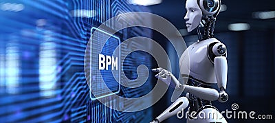 BPM Business Process Management 3D Render Illustrated with a Robot Pressing a Button on a Virtual Screen Stock Photo
