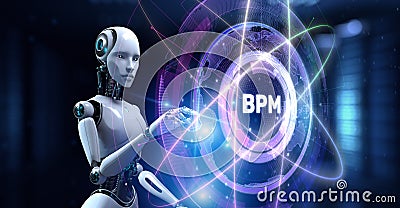 BPM Business Process Management 3D Render Illustrated with a Robot Pressing a Button on a Virtual Screen Stock Photo