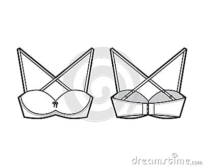 Bra convertible balconette lingerie technical fashion illustration with adjustable shoulder straps, hook-and-eye closure Vector Illustration