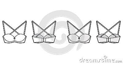 Bra convertible balconette lingerie technical fashion illustration with adjustable shoulder straps, hook-and-eye closure Vector Illustration