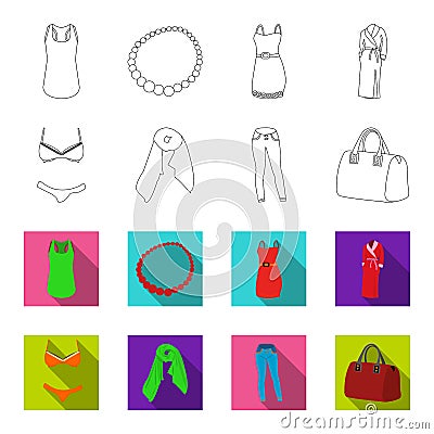 Bra with shorts, a women scarf, leggings, a bag with handles. Women clothing set collection icons in outline,flet style Vector Illustration