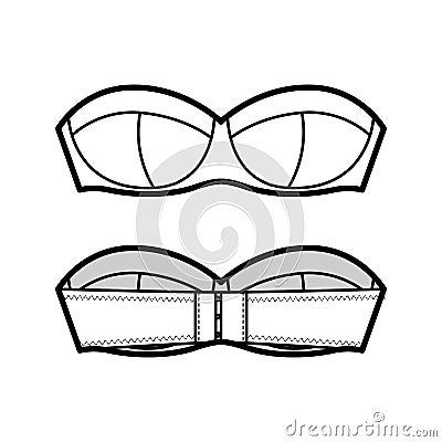 Bra strapless lingerie technical fashion illustration with molded cups, hook-and-eye closure. Flat brassiere template Vector Illustration