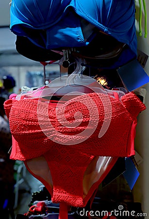 Bra, Underwear red and blue fashion girl, Lingerie shop at street night market Stock Photo