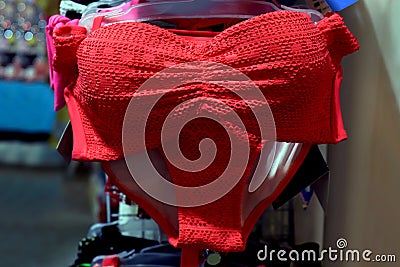 Bra, Underwear red fashion girl, Lingerie shop at street night market Stock Photo
