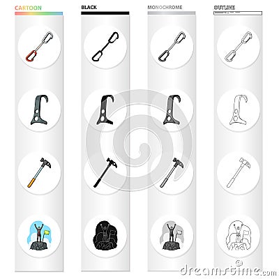 A brace, a climbing hammer, a hook, a jumper, a climber on top of a mountain. Climbing equipment set collection icons in Vector Illustration