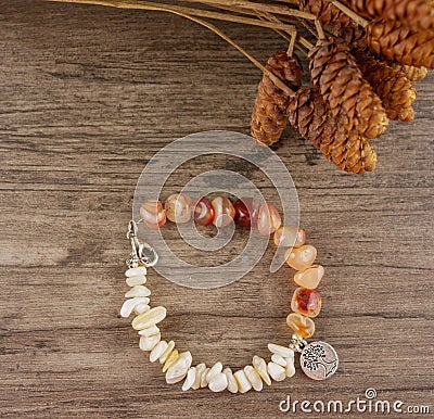 Bracelet with charm on wooden background Stock Photo