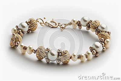 bracelet with delicate pearls and gold accents on white background Stock Photo