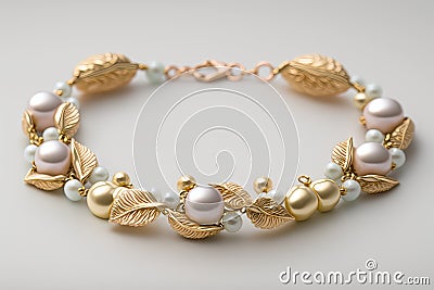 bracelet with delicate pearls and gold accents on white background Stock Photo