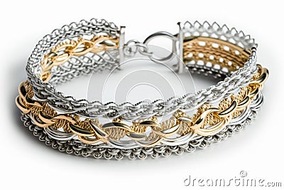 bracelet made of delicate silver and gold chains mixed on white background Stock Photo