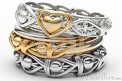 bracelet stack consisting of delicate golden and silver bracelets on white background Stock Photo