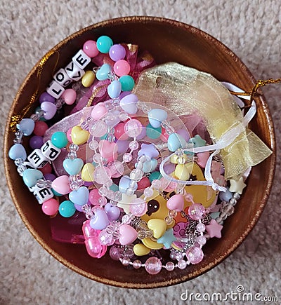 Bracelets Jewellery In Wooden Bowl Cute Rainbow Colourful Stock Photo