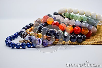 Bracelets made of natural stones. natural mineral necklace texture Stock Photo