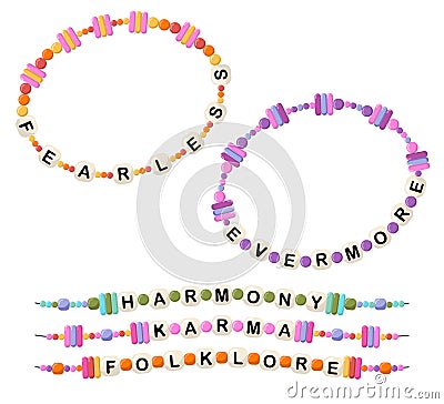 Bracelets from words fearless, evermore, harmony, karma, folklore Vector Illustration