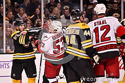 Brad Marchand goes after Jeff Skinner Editorial Stock Photo