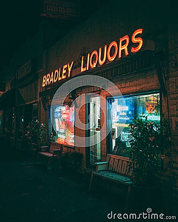 Bradley Liquors neon sign at night, Bradley Beach, New Jersey Editorial Stock Photo