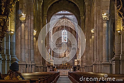 Braga, Portugal - December 28, 2017: Se de Braga Cathedral interior. Nave, main chapel and altar. Oldest Cathedral in Portugal. Editorial Stock Photo