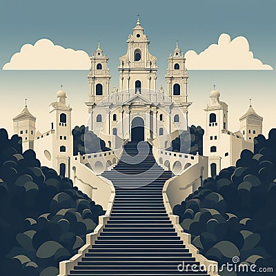 Braga's Splendor: Minimalist Tribute to Bom Jesus do Monte Cartoon Illustration