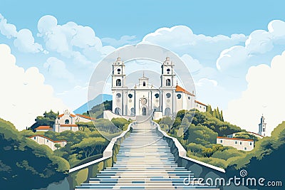 Braga's Splendor: Minimalist Tribute to Bom Jesus do Monte Cartoon Illustration