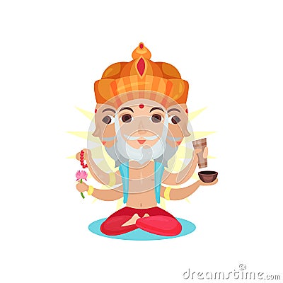 Brahma Indian many faced god, great God of creation cartoon vector Illustration on a white background Vector Illustration