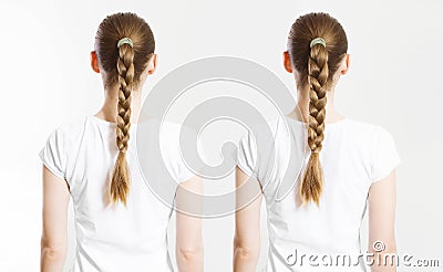 Before after Braid hair style. Back view woman braided hairstyles isolated on white background. Before-after Health care Stock Photo