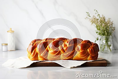 Braided bread sweet dessert with crispy crust in modern kitchen interior Stock Photo