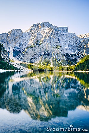 Braies Lake in Dolomites mountains, Sudtirol, Italy Stock Photo