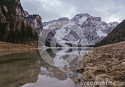Braies Lake, a famous place in the Italian Alps. Stock Photo